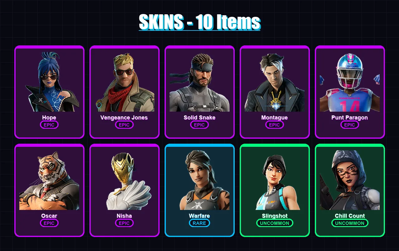 [PC/XBOX/PSN] | Hope | Vengeance Jones | Solid Snake | Montague | Punt Paragon | 10 skin | 10 pickaxe | 10 emote | 8 glider | Lv92