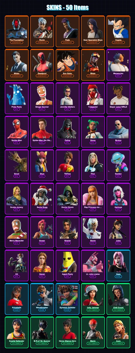 [PC/XBOX/PSN] | The Foundation | Ronin | Fade | Gear Specialist Maya | Vegeta | 50 skin | 65 pickaxe | 51 emote | 62 glider | Lv954