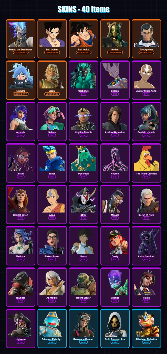 [PC/XBOX/PSN] | Renzo the Destroyer | Son Gohan | Son Goku | Hades | The Ageless | 40 skin | 41 pickaxe | 33 emote | 33 glider | Lv400