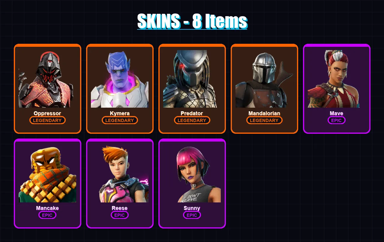 [PC/XBOX/PSN] | Oppressor | Kymera | Predator | Mandalorian | Mave | 8 skin | 13 pickaxe | 9 emote | 10 glider | Lv156