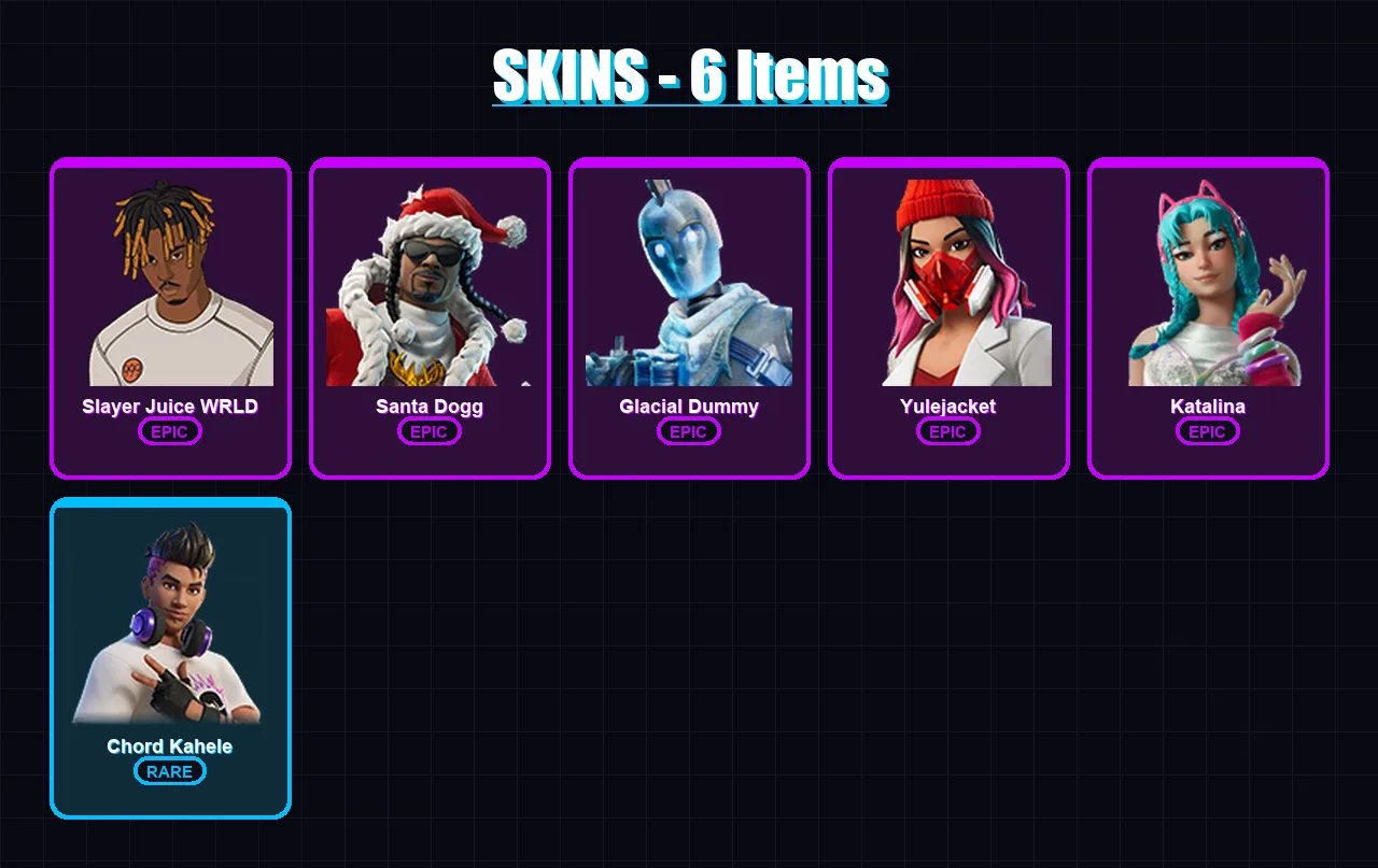 [PC/XBOX/PSN] | Slayer Juice WRLD | Santa Dogg | Glacial Dummy | Yulejacket | Katalina | 6 skin | 38 pickaxe | 13 emote | 26 glider | Lv327