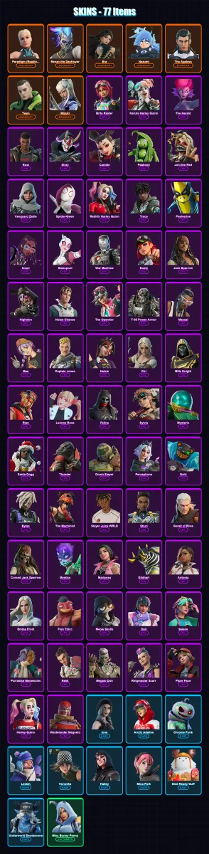 [PS4/PS5/PC] | Paradigm (Reality-659) | Renzo the Destroyer | Era | Nezumi | The Ageless | 77 skin | 121 pickaxe | 80 emote | 82 glider | Lv1449
