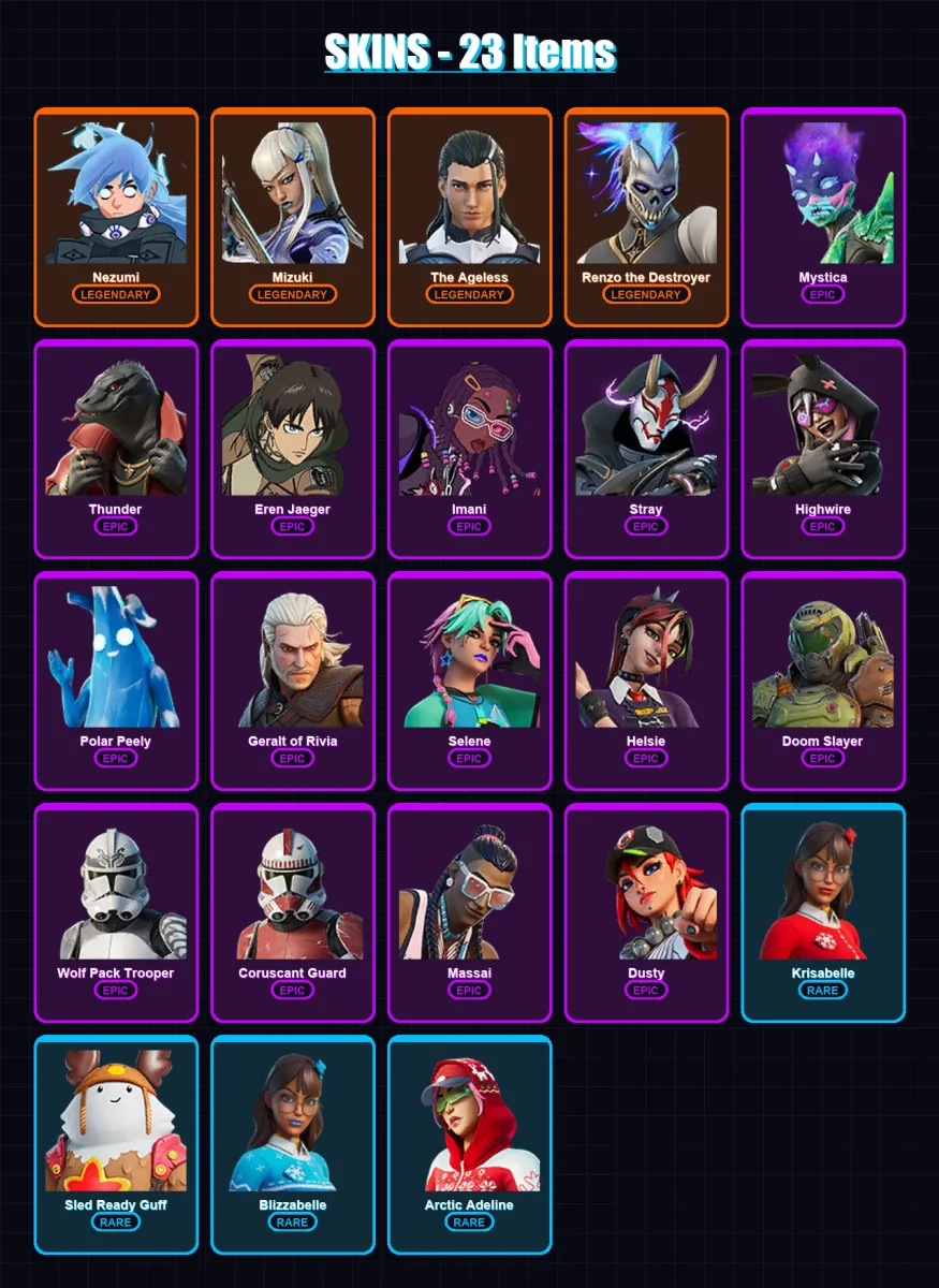[PC/XBOX] | Nezumi | Mizuki | The Ageless | Renzo the Destroyer | Mystica | 23 skin | 32 pickaxe | 30 emote | 35 glider | Lv481