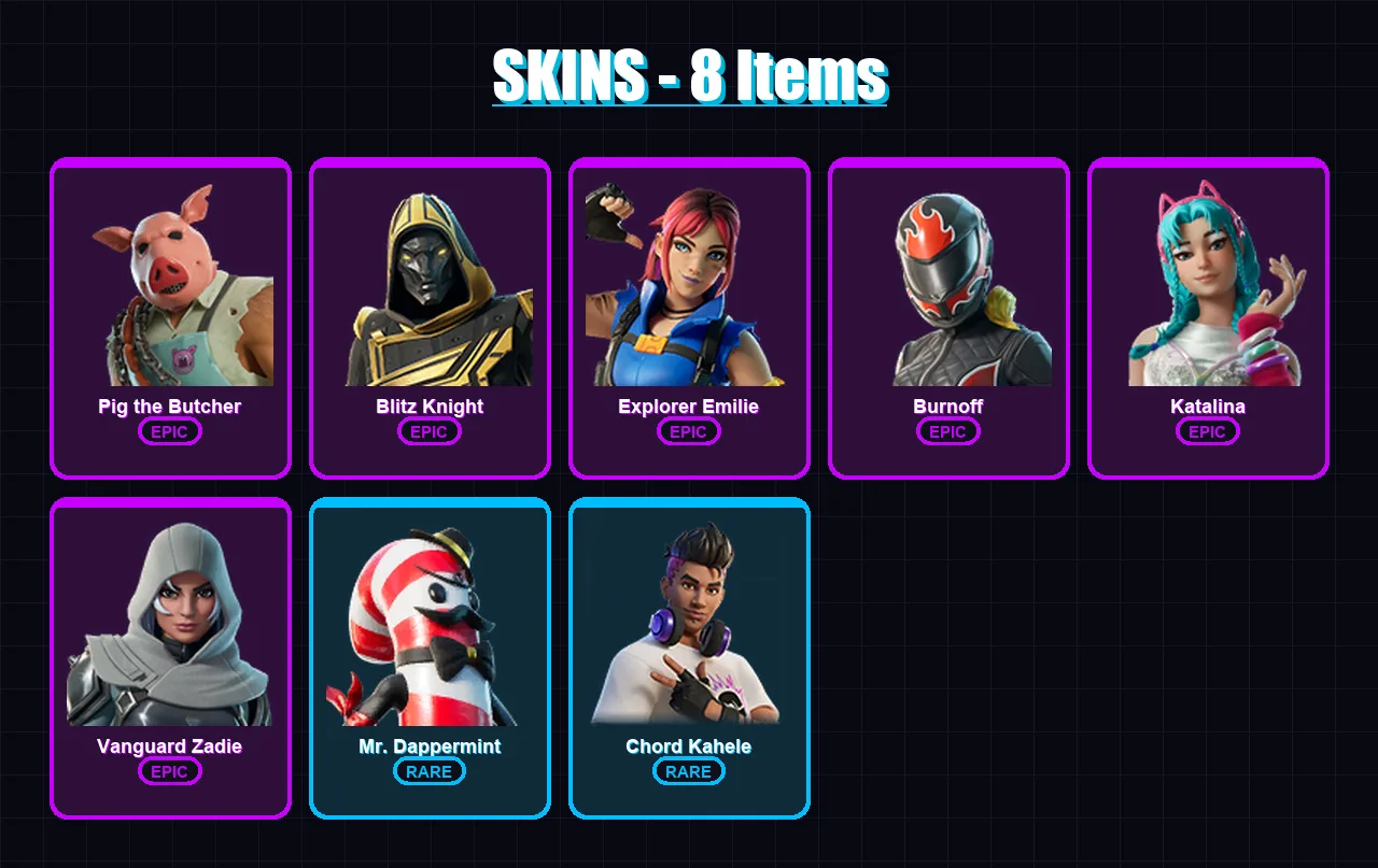 [PC/PSN] | Pig the Butcher | Blitz Knight | Explorer Emilie | Burnoff | Katalina | 8 skin | 52 pickaxe | 24 emote | 35 glider | Lv680