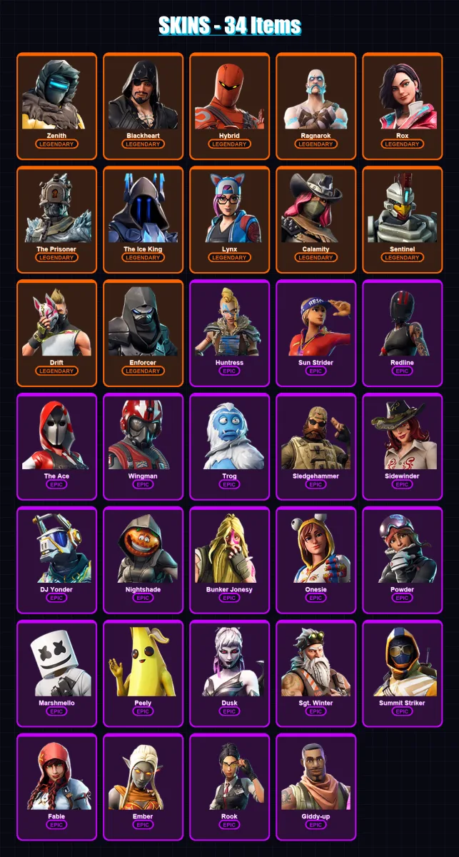 [SWITCH/XBOX/PSN/PC] | Zenith | Blackheart | Hybrid | Ragnarok | Rox | 34 skin | 25 pickaxe | 63 emote | 33 glider | Lv422