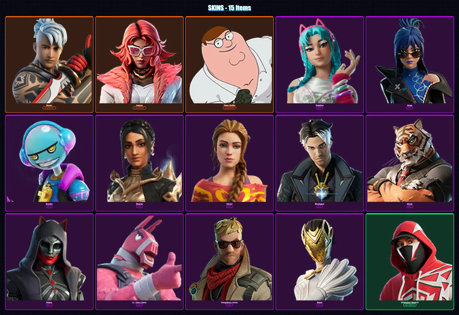 [PC/XBOX/PSN] | Ronin | Valeria | Peter Griffin | Katalina | Hope | 15 skin | 38 pickaxe | 24 emote | 24 glider | Lv454 — Fortnite account