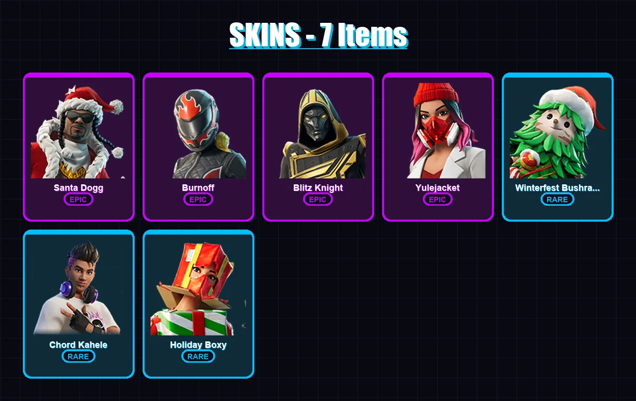 [PC/XBOX/PSN] | Santa Dogg | Burnoff | Blitz Knight | Yulejacket | Winterfest Bushranger | 7 skin | 25 pickaxe | 8 emote | 20 glider | Lv141