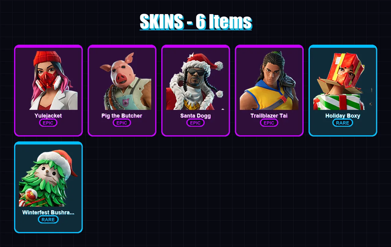 [PC/XBOX/PSN] | Yulejacket | Pig the Butcher | Santa Dogg | Trailblazer Tai | Holiday Boxy | 6 skin | 23 pickaxe | 8 emote | 17 glider | Lv243