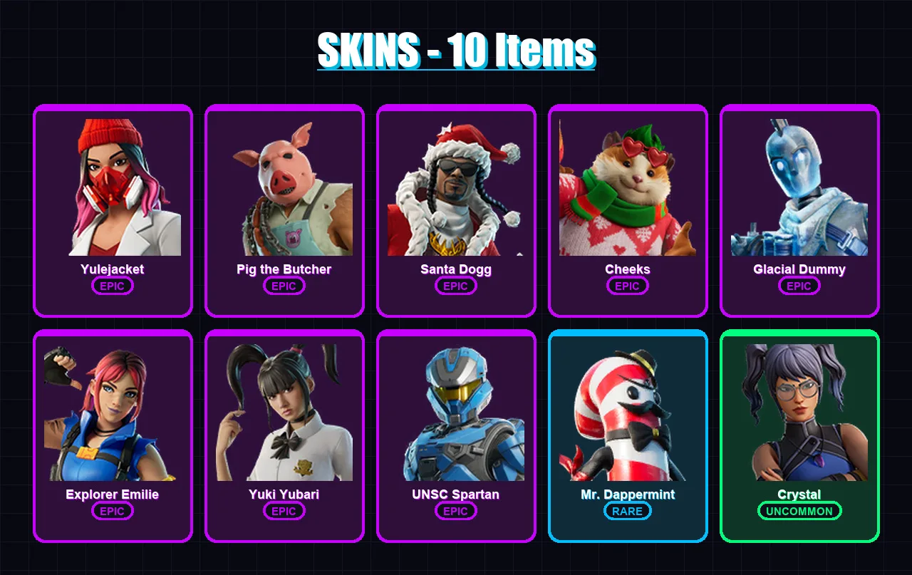 [PS4/PS5/XBOX/PC] | Yulejacket | Pig the Butcher | Santa Dogg | Cheeks | Glacial Dummy | 10 skin | 42 pickaxe | 18 emote | 26 glider | Lv1138