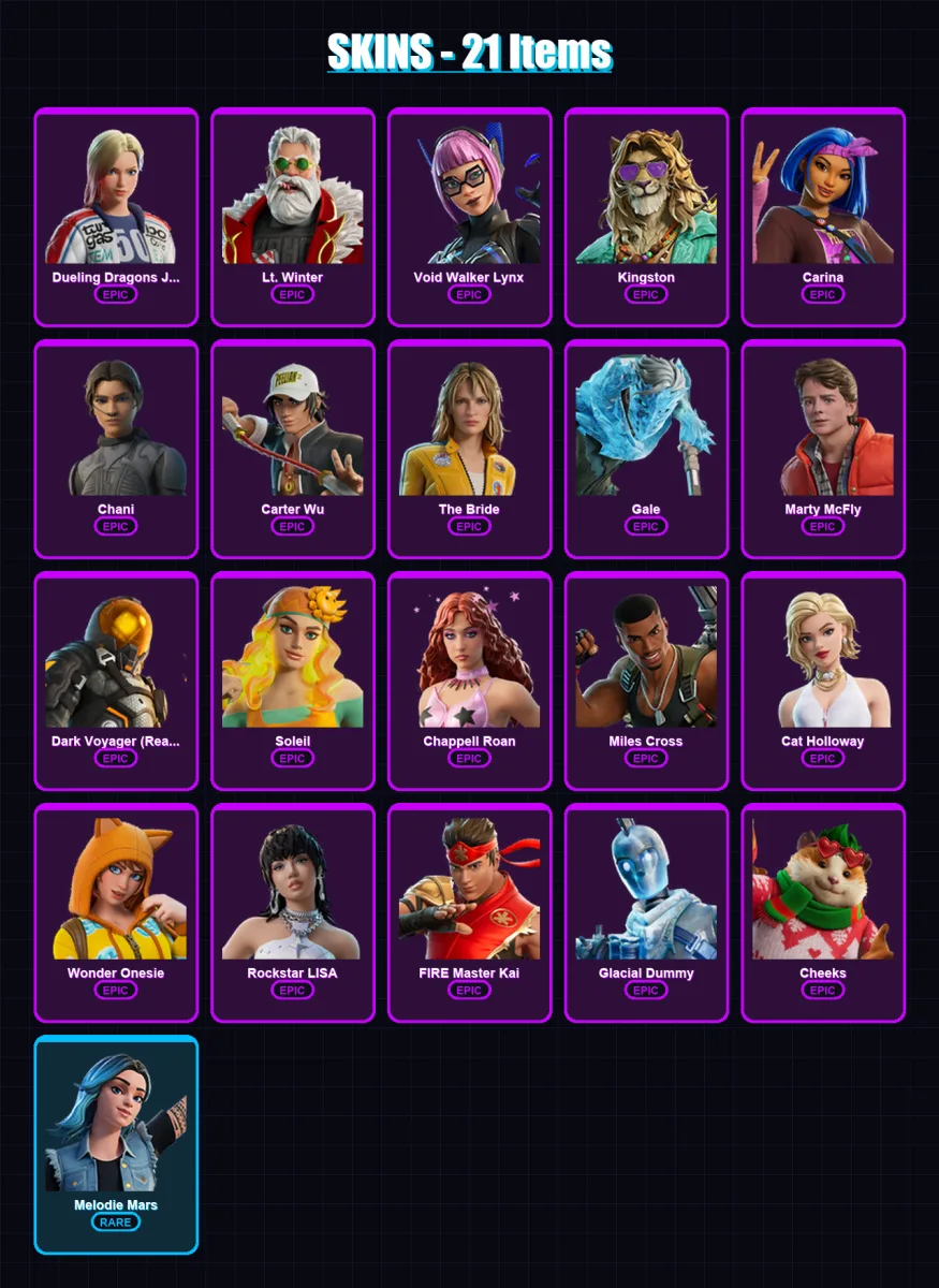 [PC/PSN] | Dueling Dragons Jackie | Lt. Winter | Void Walker Lynx | Kingston | Carina | 21 skin | 41 pickaxe | 22 emote | 26 glider | Lv744