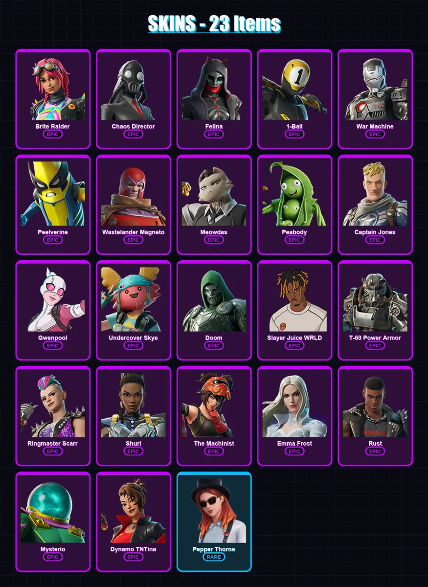[PC/XBOX/PSN] | Brite Raider | Chaos Director | Felina | 1-Ball | War Machine | 23 skin | 27 pickaxe | 22 emote | 24 glider | Lv367 — Game account