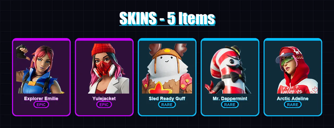 [PC/XBOX/PSN] | Explorer Emilie | Yulejacket | Sled Ready Guff | Mr. Dappermint | Arctic Adeline | 5 skin | 9 pickaxe | 4 emote | 11 glider | Lv66
