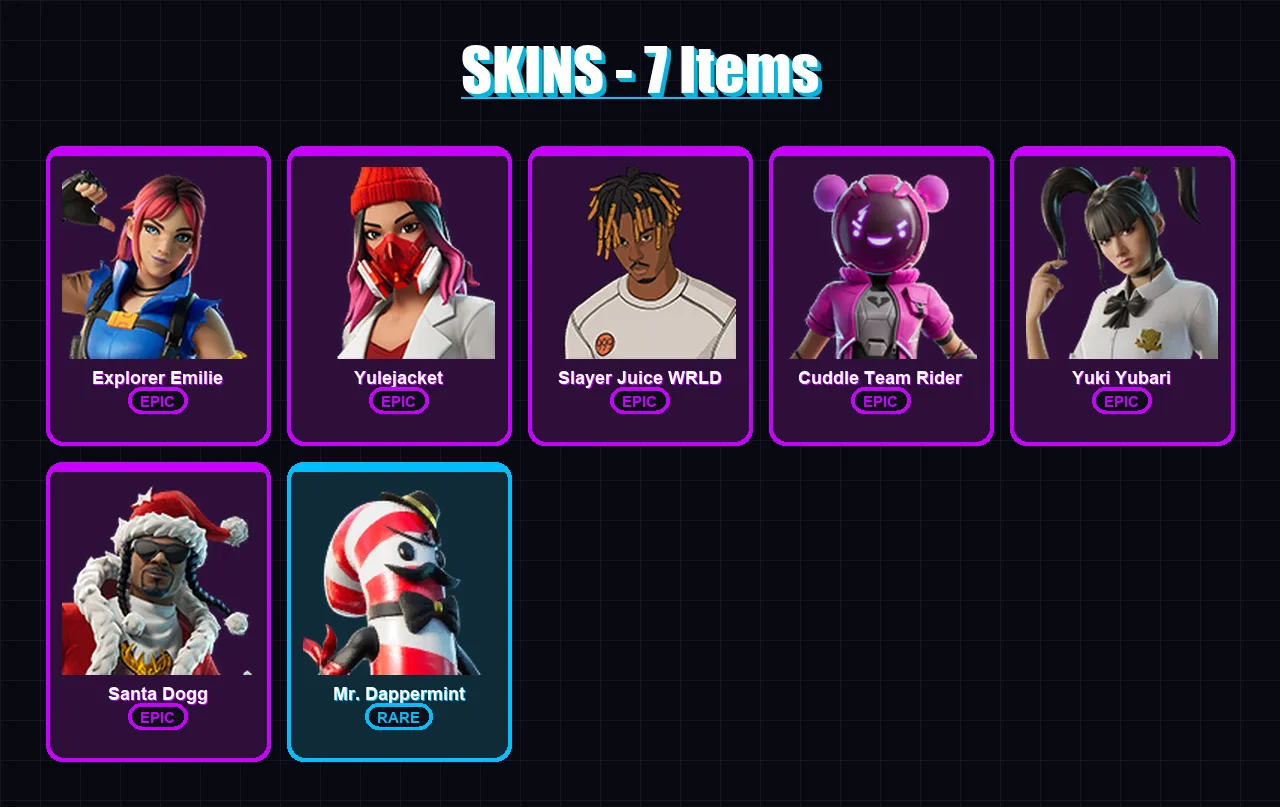 [PC/XBOX] | Explorer Emilie | Yulejacket | Slayer Juice WRLD | Cuddle Team Rider | Yuki Yubari | 7 skin | 47 pickaxe | 19 emote | 29 glider | Lv274