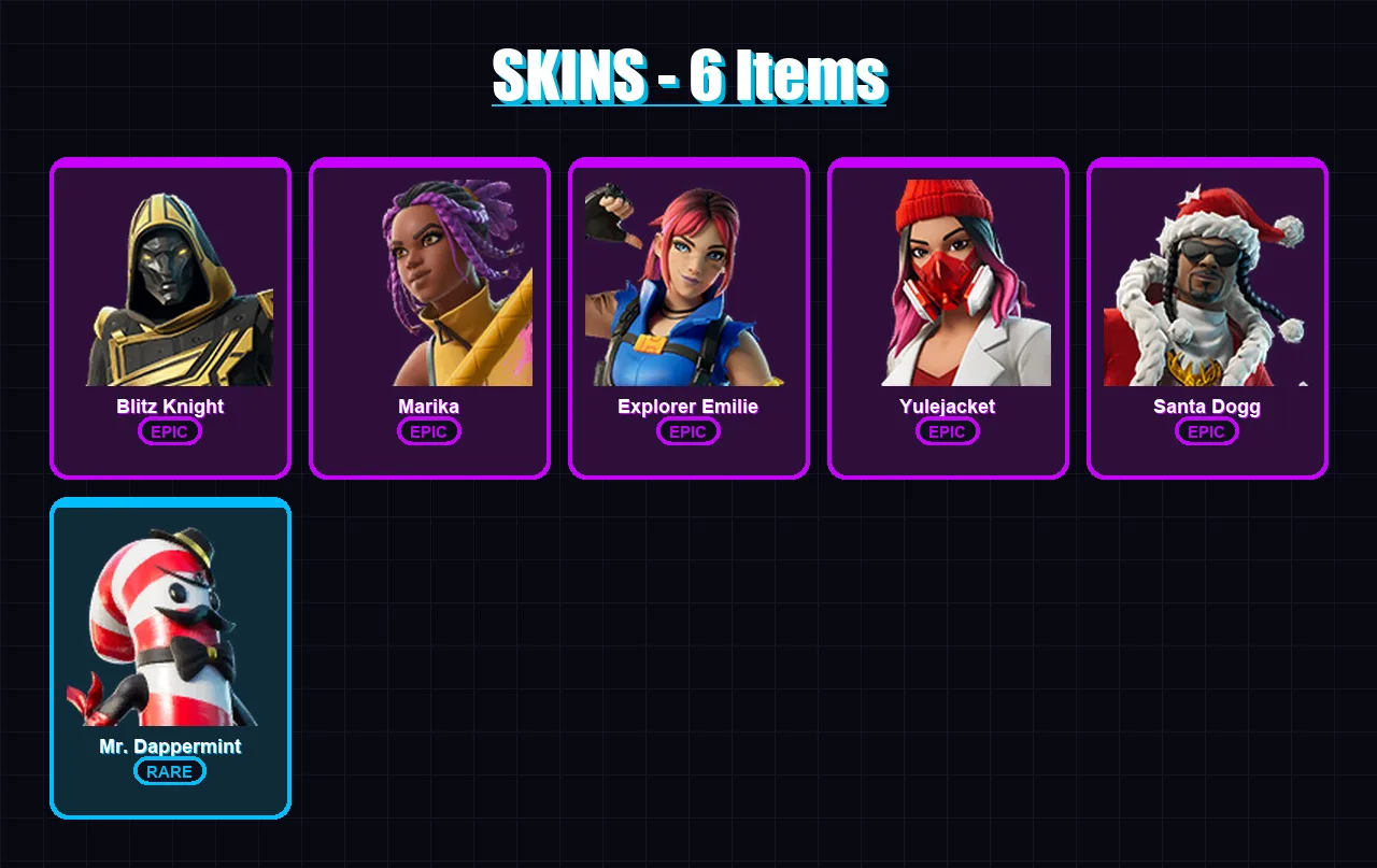 [PC/XBOX/PSN] | Blitz Knight | Marika | Explorer Emilie | Yulejacket | Santa Dogg | 6 skin | 32 pickaxe | 10 emote | 23 glider | Lv277
