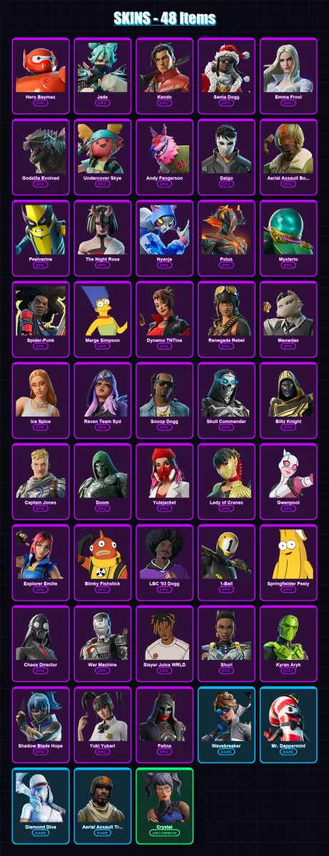[PS4/PS5/XBOX/PC] | Hero Baymax | Jade | Kendo | Santa Dogg | Emma Frost | 48 skin | 88 pickaxe | 39 emote | 49 glider | Lv728