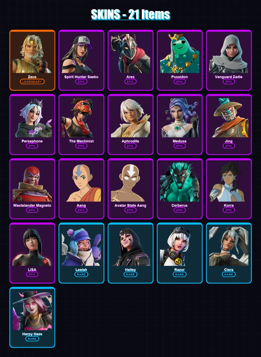 [PC/PSN] | Zeus | Spirit Hunter Saeko | Ares | Poseidon | Vanguard Zadie | 21 skin | 43 pickaxe | 24 emote | 28 glider | Lv242