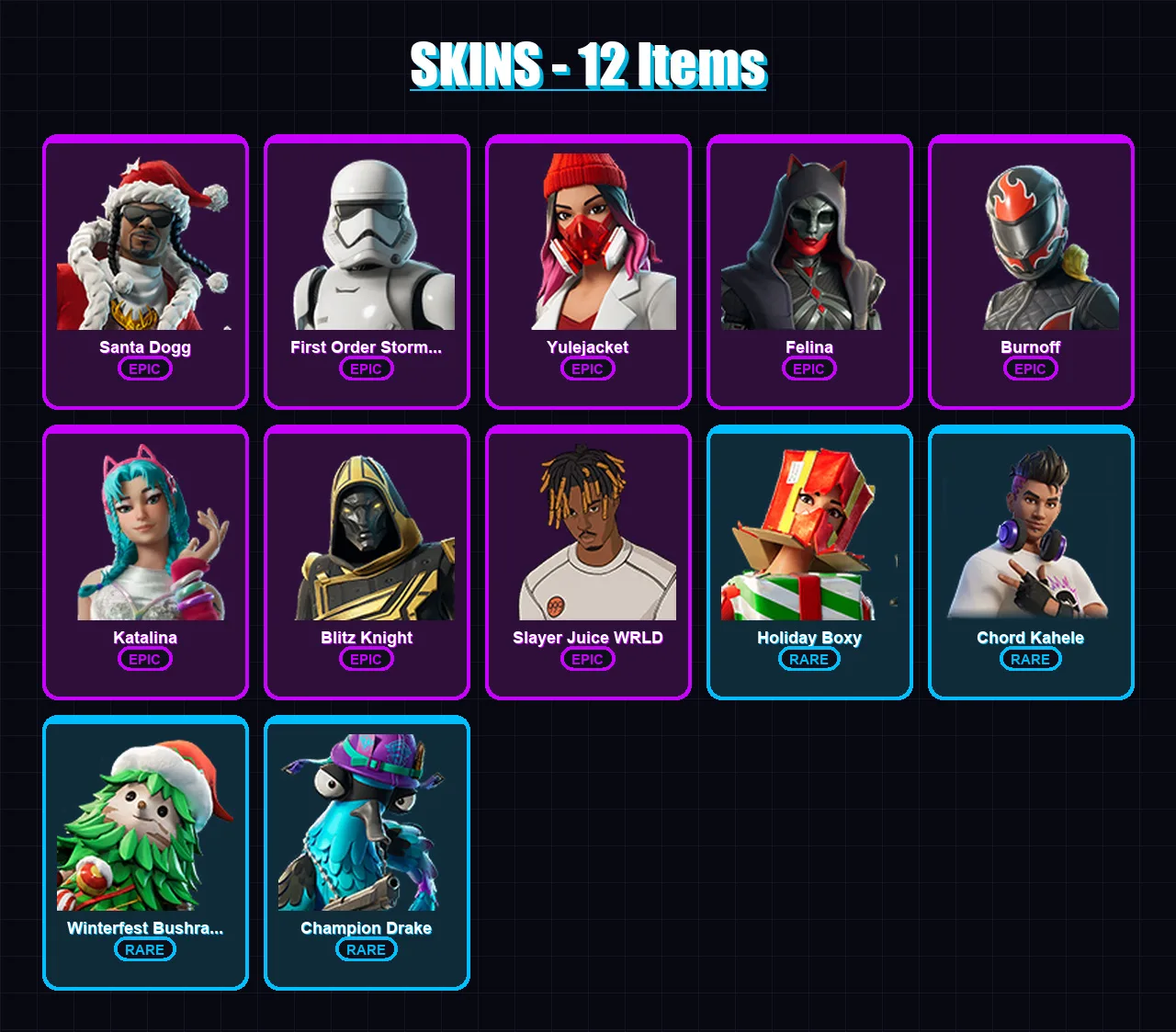 [PC/XBOX] | Santa Dogg | First Order Stormtrooper | Yulejacket | Felina | Burnoff | 12 skin | 56 pickaxe | 22 emote | 35 glider | Lv423