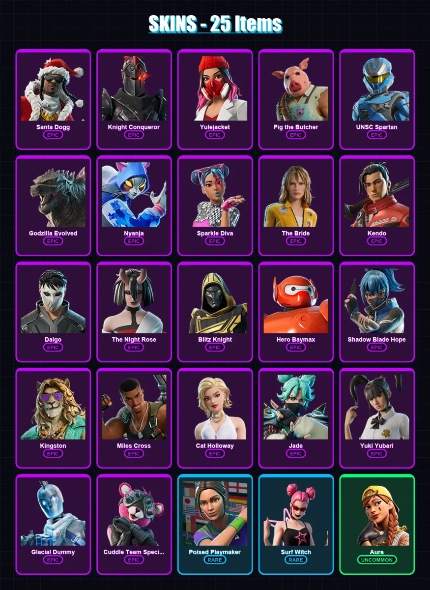 [PS4/PS5/XBOX/PC] | Santa Dogg | Knight Conqueror | Yulejacket | Pig the Butcher | UNSC Spartan | 25 skin | 81 pickaxe | 36 emote | 45 glider | Lv70