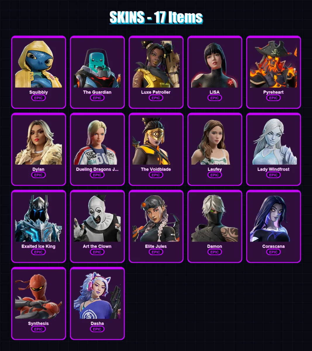 [PC/PSN] | Squibbly | The Guardian | Luxe Patroller | LISA | Pyreheart | 17 skin | 26 pickaxe | 13 emote | 23 glider | Lv119