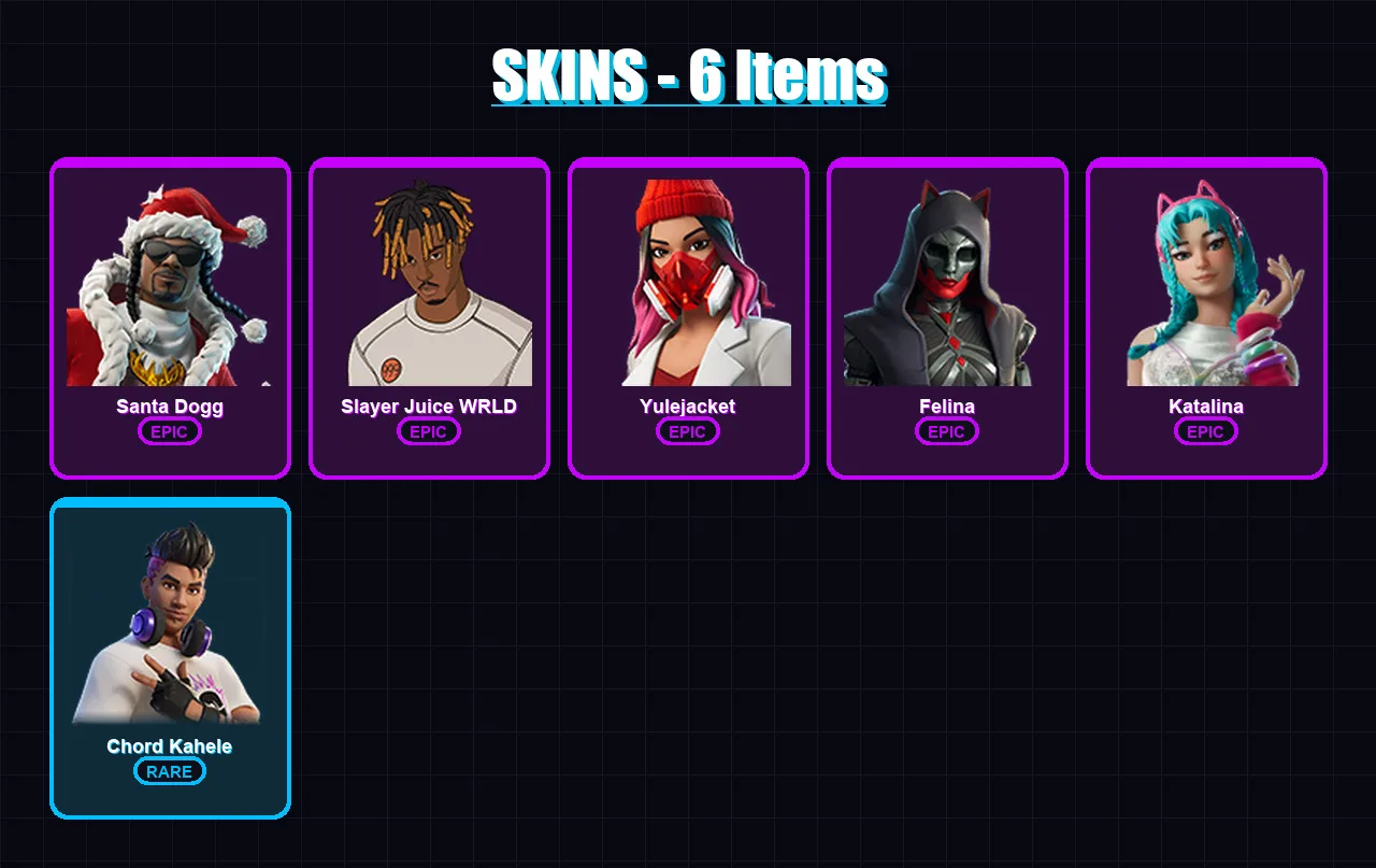 [PC] | Santa Dogg | Slayer Juice WRLD | Yulejacket | Felina | Katalina | 6 skin | 26 pickaxe | 9 emote | 16 glider | Lv310