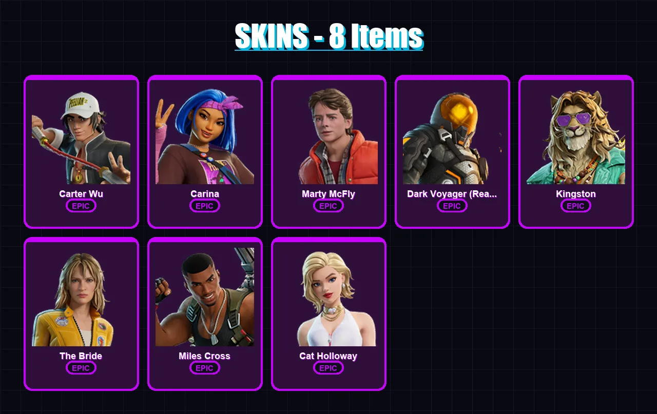 [PC/XBOX/PSN] | Carter Wu | Carina | Marty McFly | Dark Voyager (Reality Redacted) | Kingston | 8 skin | 19 pickaxe | 14 emote | 15 glider | Lv104