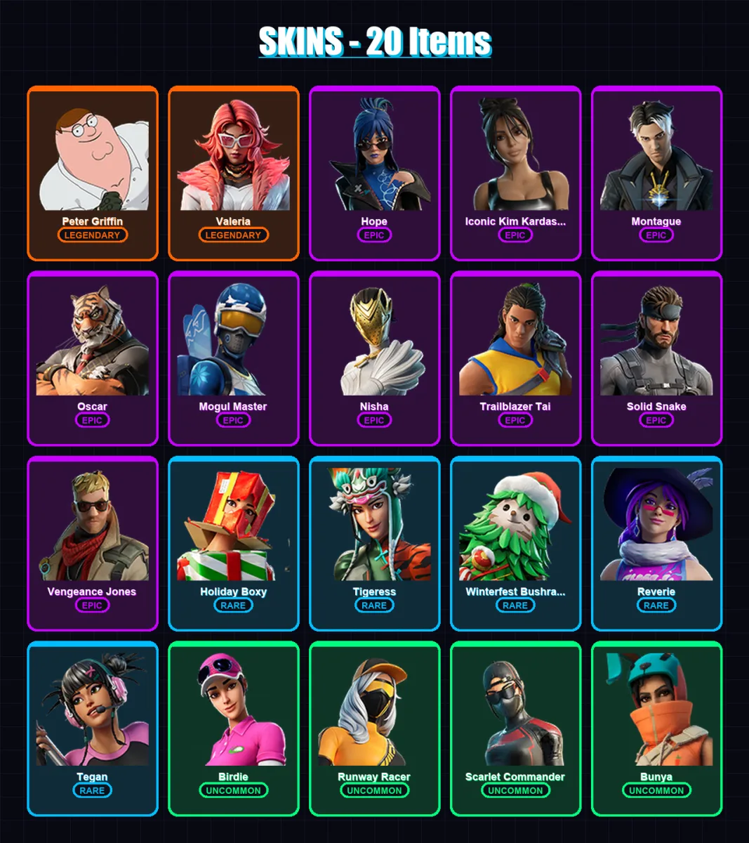 [PC/XBOX/PSN] | Peter Griffin | Valeria | Hope | Iconic Kim Kardashian | Montague | 20 skin | 27 pickaxe | 23 emote | 20 glider | Lv365
