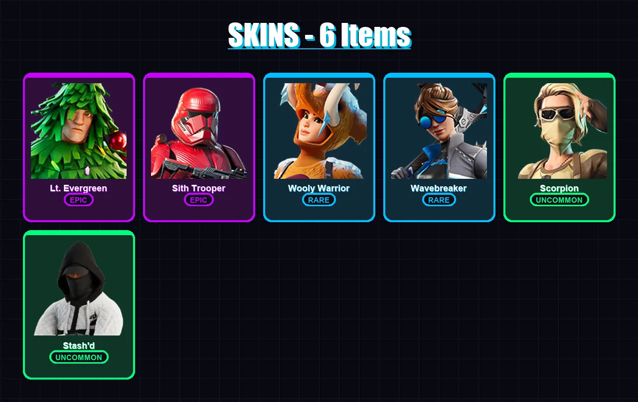 [SWITCH/XBOX/PSN/PC] | Lt. Evergreen | Sith Trooper | Wooly Warrior | Wavebreaker | Scorpion | 6 skin | 7 pickaxe | 17 emote | 9 glider | Lv210