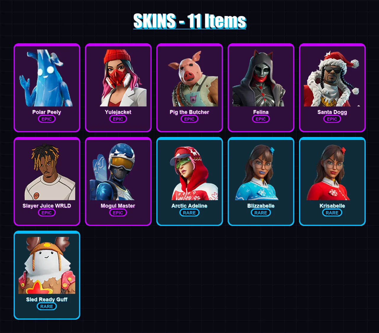 [PC/XBOX/PSN] | Polar Peely | Yulejacket | Pig the Butcher | Felina | Santa Dogg | 11 skin | 35 pickaxe | 15 emote | 27 glider | Lv340