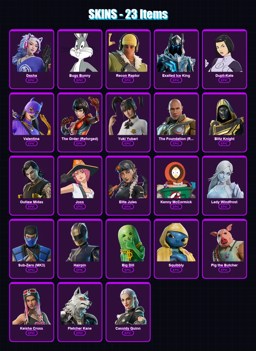 [PC/PSN] | Dasha | Bugs Bunny | Recon Raptor | Exalted Ice King | Dupli-Kate | 23 skin | 81 pickaxe | 49 emote | 50 glider | Lv843
