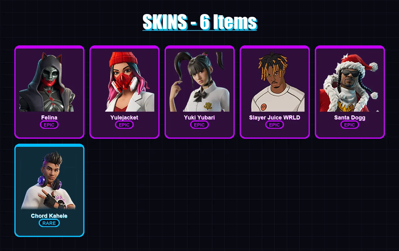 [PC/XBOX/PSN] | Felina | Yulejacket | Yuki Yubari | Slayer Juice WRLD | Santa Dogg | 6 skin | 26 pickaxe | 12 emote | 18 glider | Lv228