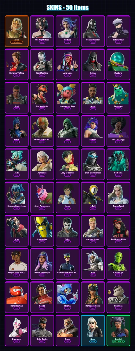 [PC/XBOX/PSN] | Zeus | The Night Rose | Medusa | Chaos Director | Satoru Gojo | 50 skin | 70 pickaxe | 50 emote | 47 glider | Lv808