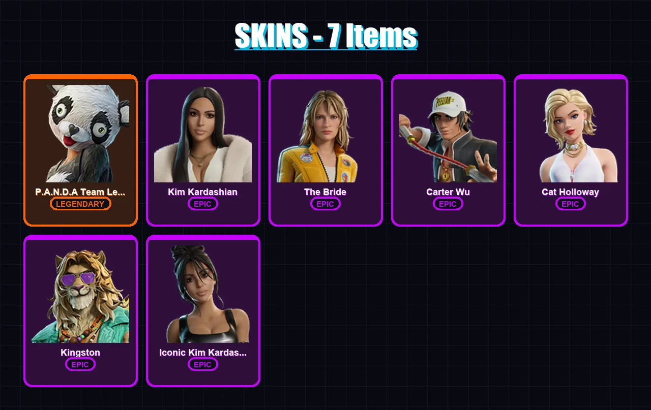 [PS4/PS5/XBOX/PC] | P.A.N.D.A Team Leader | Kim Kardashian | The Bride | Carter Wu | Cat Holloway | 7 skin | 19 pickaxe | 18 emote | 19 glider | Lv2