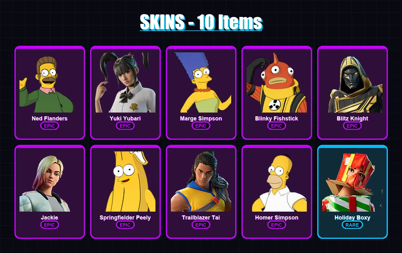 [PS4/PS5/XBOX/PC] | Ned Flanders | Yuki Yubari | Marge Simpson | Blinky Fishstick | Blitz Knight | 10 skin | 42 pickaxe | 17 emote | 32 glider | Lv4 — Fortnite account