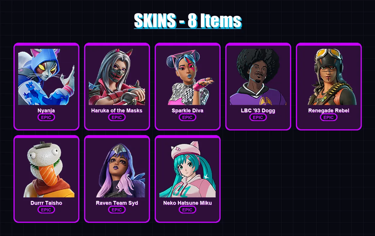 [PC/XBOX/PSN] | Nyanja | Haruka of the Masks | Sparkle Diva | LBC '93 Dogg | Renegade Rebel | 8 skin | 3 pickaxe | 2 emote | 1 glider | Lv4