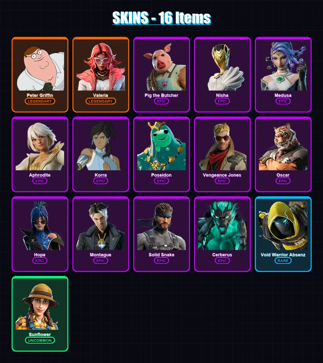 [PC/XBOX/PSN] | Peter Griffin | Valeria | Pig the Butcher | Nisha | Medusa | 16 skin | 32 pickaxe | 31 emote | 32 glider | Lv401