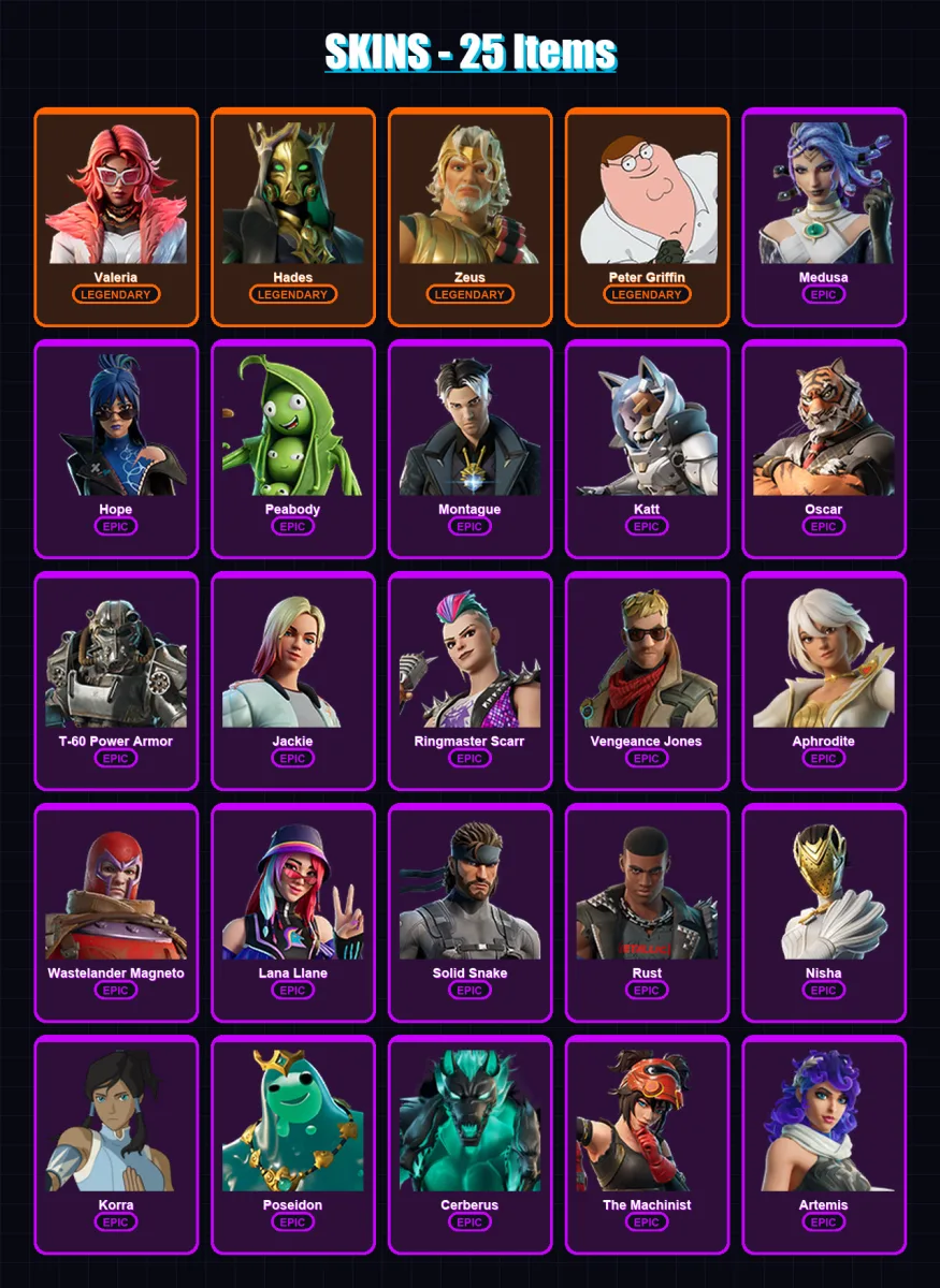 [PC/PSN] | Valeria | Hades | Zeus | Peter Griffin | Medusa | 25 skin | 36 pickaxe | 31 emote | 29 glider | Lv415