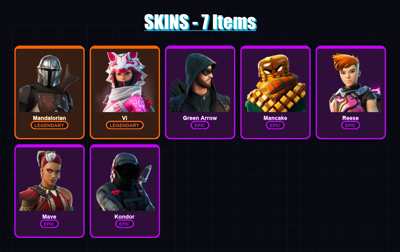 [PC/PSN] | Mandalorian | Vi | Green Arrow | Mancake | Reese | 7 skin | 7 pickaxe | 8 emote | 11 glider | Lv159
