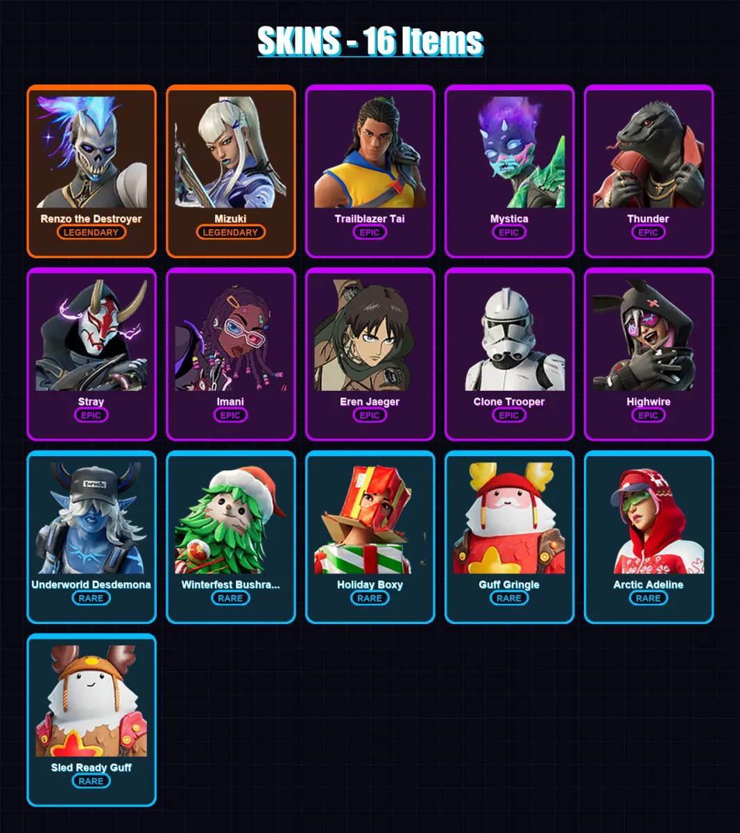 [PC/XBOX/PSN] | Renzo the Destroyer | Mizuki | Trailblazer Tai | Mystica | Thunder | 16 skin | 28 pickaxe | 30 emote | 37 glider | Lv532