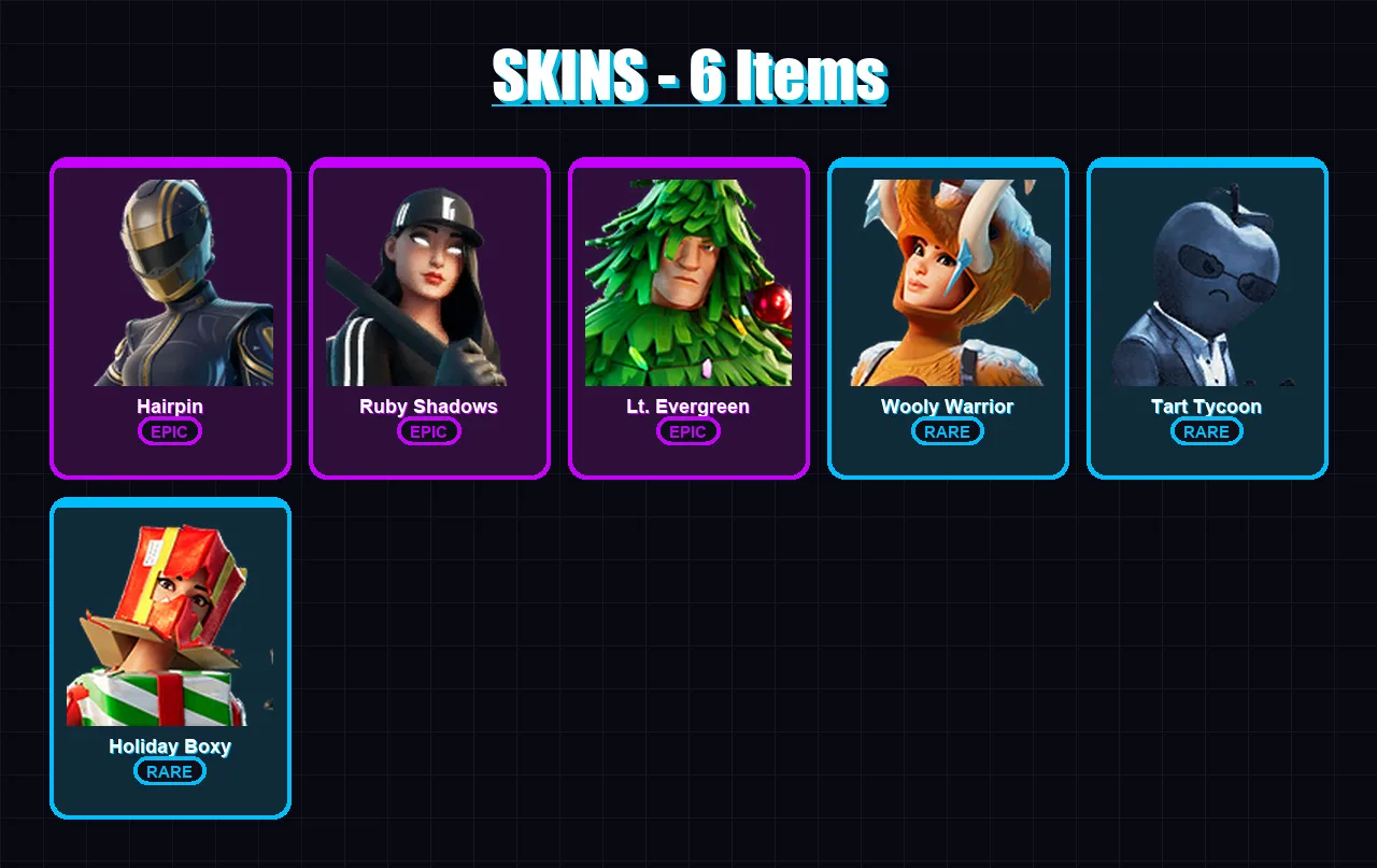 [PC/XBOX/PSN] | Hairpin | Ruby Shadows | Lt. Evergreen | Wooly Warrior | Tart Tycoon | 6 skin | 12 pickaxe | 14 emote | 15 glider | Lv232