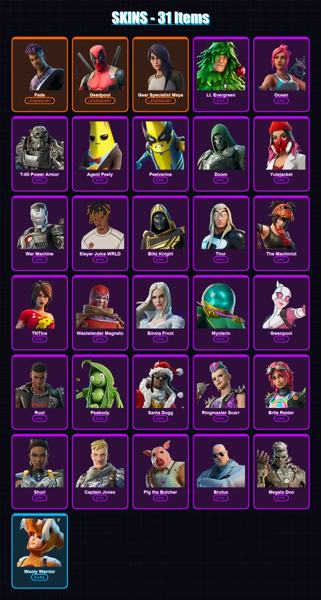 [SWITCH/XBOX/PC] | Fade | Deadpool | Gear Specialist Maya | Lt. Evergreen | Ocean | 31 skin | 69 pickaxe | 44 emote | 45 glider | Lv547