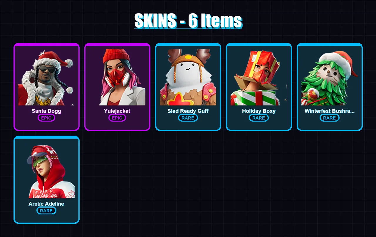 [PC/PSN] | Santa Dogg | Yulejacket | Sled Ready Guff | Holiday Boxy | Winterfest Bushranger | 6 skin | 15 pickaxe | 4 emote | 11 glider | Lv126