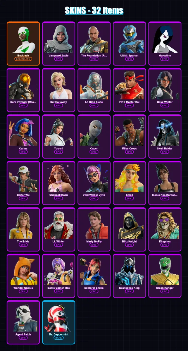 [PC/XBOX/PSN] | Backlash | Vanguard Zadie | The Foundation (Reforged) | UNSC Spartan | Marceline | 32 skin | 57 pickaxe | 28 emote | 28 glider | Lv4