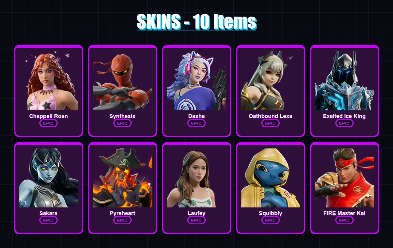 [PC/XBOX/PSN] | Chappell Roan | Synthesis | Dasha | Oathbound Lexa | Exalted Ice King | 10 skin | 14 pickaxe | 6 emote | 7 glider | Lv47