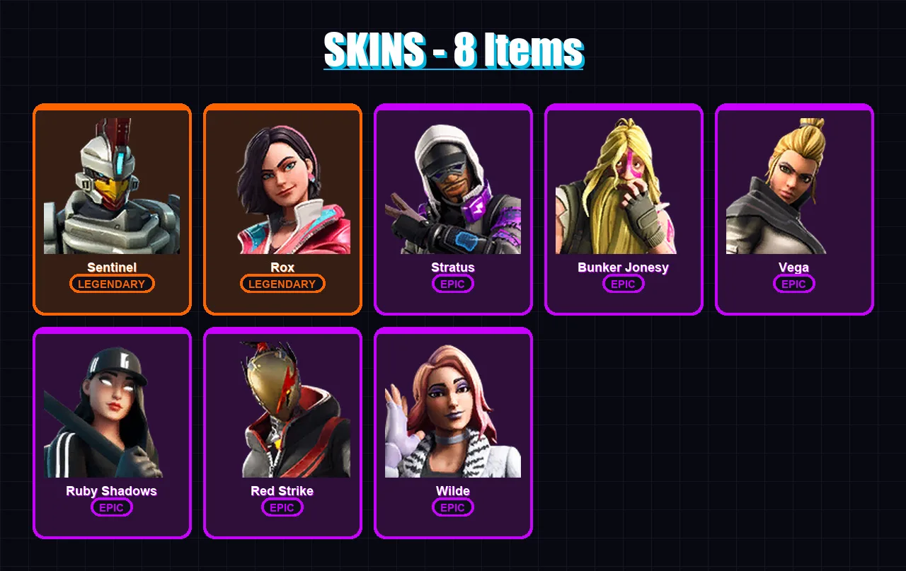 [PC/XBOX/PSN] | Sentinel | Rox | Stratus | Bunker Jonesy | Vega | 8 skin | 8 pickaxe | 16 emote | 14 glider | Lv220