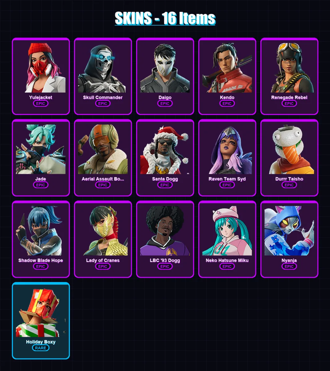 [PC/PSN] | Yulejacket | Skull Commander | Daigo | Kendo | Renegade Rebel | 16 skin | 24 pickaxe | 14 emote | 12 glider | Lv105