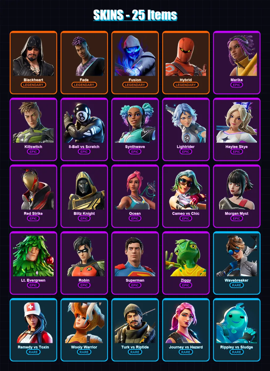 [PC/XBOX/PSN] | Blackheart | Fade | Fusion | Hybrid | Marika | 25 skin | 50 pickaxe | 37 emote | 49 glider | Lv844