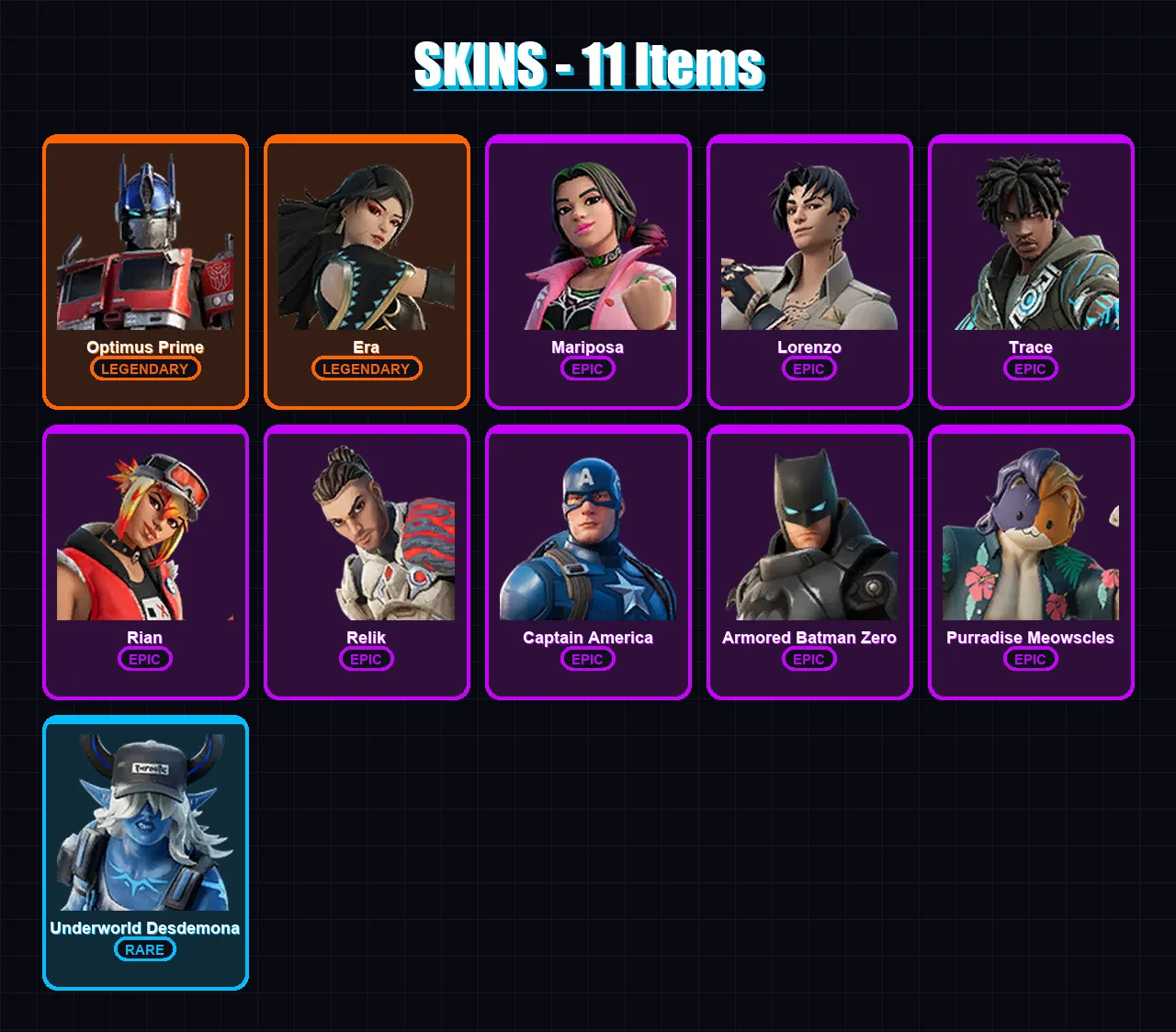 [PC/XBOX/PSN] | Optimus Prime | Era | Mariposa | Lorenzo | Trace | 11 skin | 17 pickaxe | 10 emote | 16 glider | Lv258