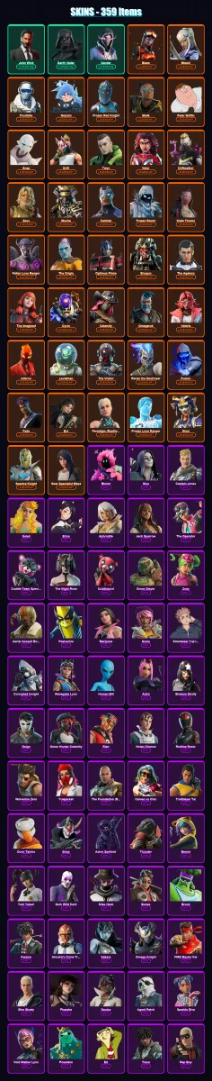 [PC] | John Wick | Darth Vader | Xander | Blaze | Mizuki | 359 skin | 326 pickaxe | 193 emote | 184 glider | Lv2340