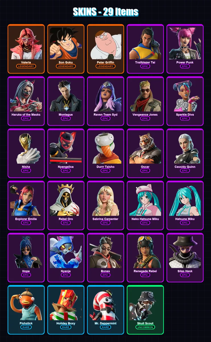 [PC/XBOX/PSN] | Valeria | Son Goku | Peter Griffin | Trailblazer Tai | Power Punk | 29 skin | 32 pickaxe | 16 emote | 21 glider | Lv234