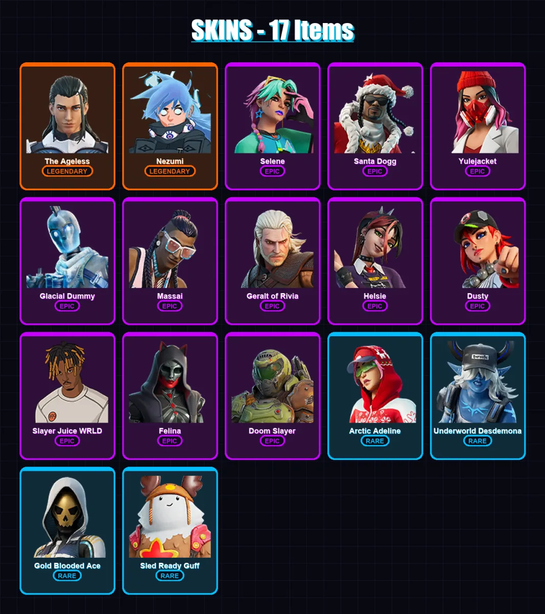 [PS4/PS5/XBOX/PC] | The Ageless | Nezumi | Selene | Santa Dogg | Yulejacket | 17 skin | 87 pickaxe | 44 emote | 62 glider | Lv1665
